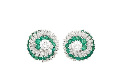 Pair of Platinum, Diamond and Emerald Earclips