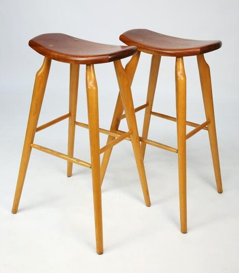 Pair of Signed Stephen Swift Cherry and Ash Bar Stools, circa 1999