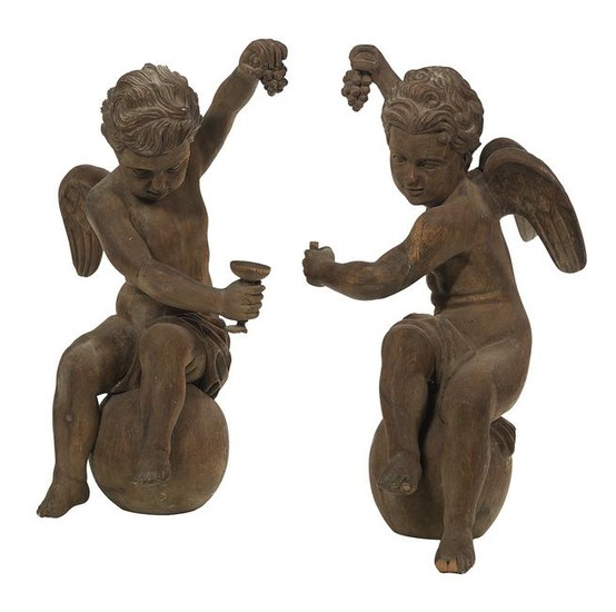 Pair of Stained Pine Figures of Cupids
