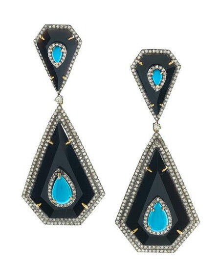 Pair of Turquoise, Diamond and Onyx Earrings