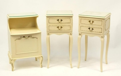 Pair of cream and gilt bedside tables and one other