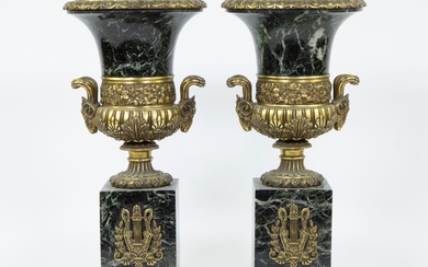 Pair of green-veined marble French Empire urns with gilt bronze fittings