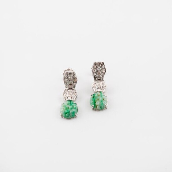 Pair of white gold (750) ear pendants formed of three articulated, hexagonal motifs, two paved with eight-eight-cut diamonds in grain-set, the third adorned with a carved and engraved green veined celadon jadeite plaque.