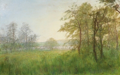 Pauline Thomsen: Landscape, an early morning. Signed and dated Pauline Thomsen 1908. Oil on canvas. 130×206 cm.