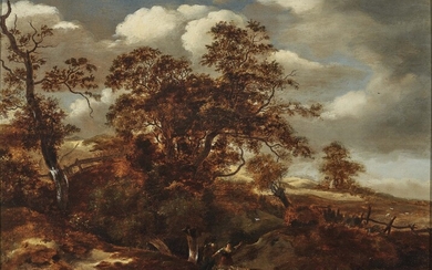 Pays-Bas17e s. Paysage arboré avec bergère L. u. inscrit "Ruisdael 1660". Retour. Restes d'une ancienne...