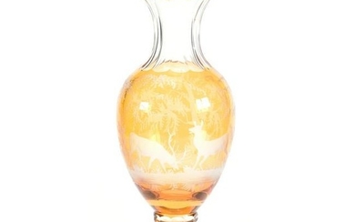 Pedestal Vase, Bohemian Amber Engraved To Clear