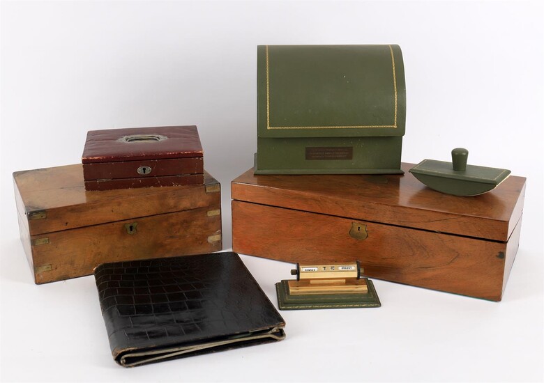 Pen and writing related items to include a 19th century rectangular hardwood travel desk