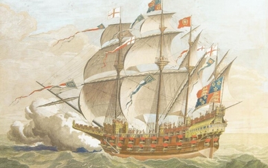 Pierre-Charles Canot, French c.1710-1777- The Exact Representation of that Capital Ship the Great Harry, after a copy by T. Allen after the original by Hans Holbein; hand-coloured engraving, published May 14 1756, 49 x 64 cm