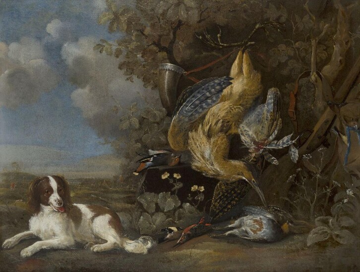 Pieter van Noort, Dutch 1622-1672- Spaniel and dead game in a landscape; oil on canvas, signed 'P v Noort' (lower centre), 104.5 x 135.5 cm. Provenance: An important Private Collection, UK. Note: The present work is a particularly large-scale and...