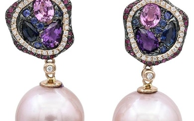 Pink-Blue Sapphire with Diamonds Accent Pink Freshwater Pearl Dangle Earrings