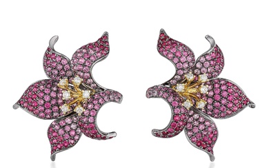 Pink Sapphire Ruby and Diamond Tropical Flower Earrings