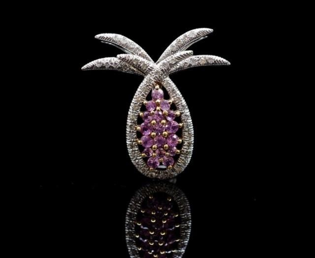 Pink sapphire and diamond set "pineapple" pendant in 18ct wh...