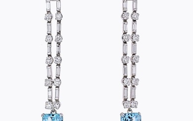 Platinum Diamond And Aquamarine Cascade Dangling Earrings