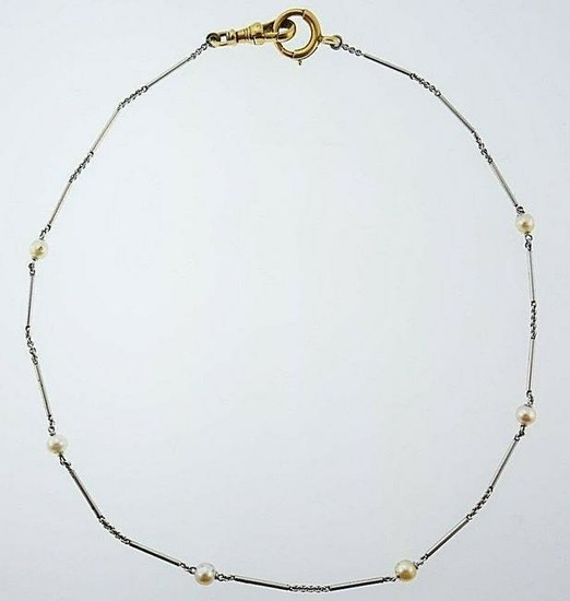 Platinum Pearl Watch Chain with 14k Yellow Gold Clasp