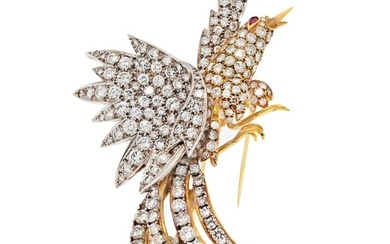 Platinum & 18K Yellow Gold 20 Carat Diamond Bird Brooch