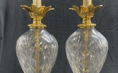 Pr Cut Glass Lamps w Brass Bases, Pineapple Stem