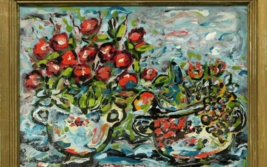 R MONTI Mid-Century STILL LIFE FLOWERS IN POTS ABSTRACT