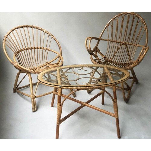RATTAN ARMCHAIRS, two similar arched woven cane rattan with ...