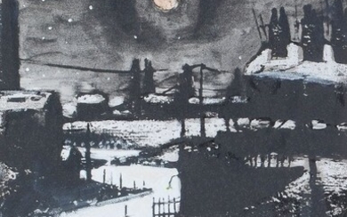 RILEY MOONLIT URBAN WINTER SCENE CHARCOAL AND GOUA