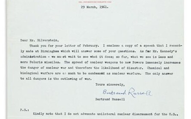 RUSSELL, BERTRAND. Typed Letter Signed, to "Dear Mr.