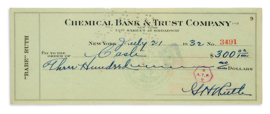 RUTH, BABE. Check accomplished and Signed, "GHRuth," to "Cash," in the amount of...