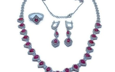 Radical Red Ruby Pears And Austrian Crystal 14K White Gold Plated 925 Sterling Silver Set