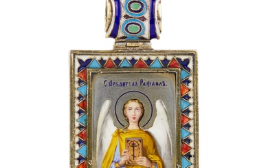 Rare icône russe en argent de lArchange Raphaël, émaux peints, cloisonnés et champlevés. Il sagit...
