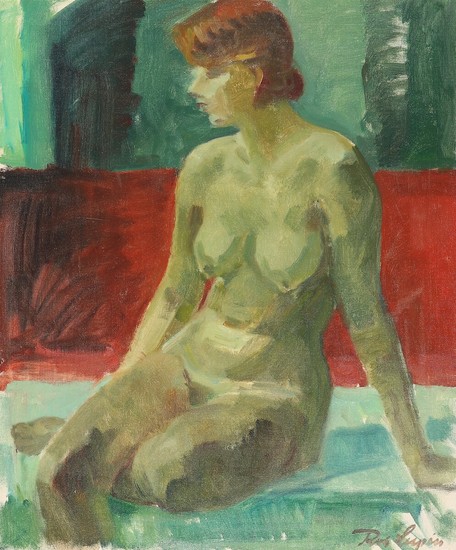 Robert Leepin: Sitting nude woman in green and red surroundings. Signed Rob. Leepin. Oil on canvas. 73×60 cm.