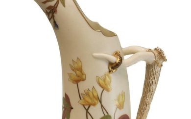 Royal Worcester Porcelain Ivory 8" Tall Ewer #1116, 1886, Yellow Flowers