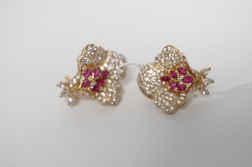 Ruby, diamond and 18ct yellow gold earrings of Orchid flower...