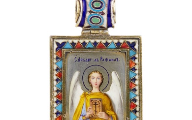Russian, silver icon of the Archangel Raphael, painted and cloisonné...