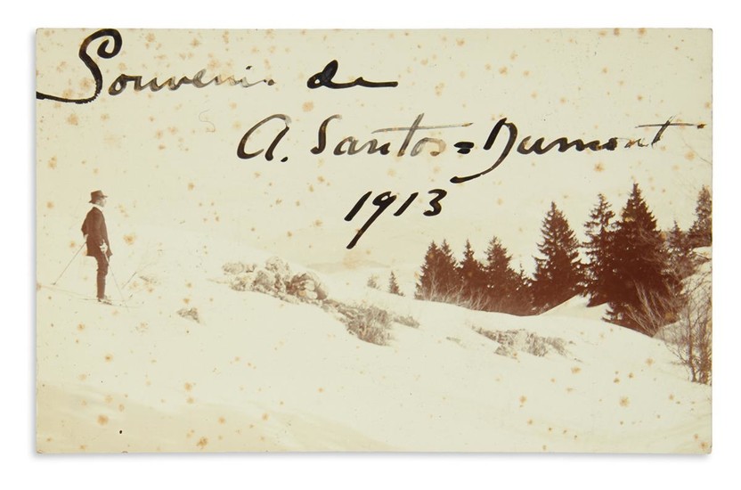 SANTOS-DUMONT, ALBERT. Photograph postcard Signed and Inscribed, "Souvenir de / A. Santos-Dumont /...