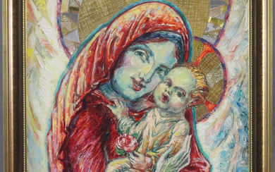 SCHMIDT, WALTER CLEMENS. - Madonna and Child, oil on plate, halos in collage technique.