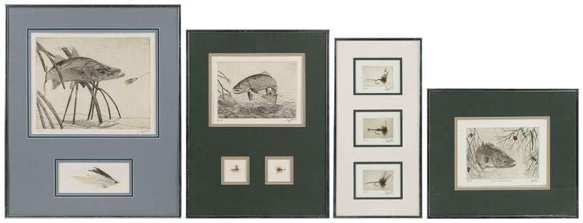 SET OF FLY FISHING PRINTS AND FLIES Mid-20th Century