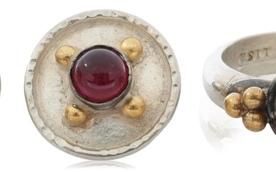 SIGNED 22K YELLOW GOLD AND STERLING SILVER GARNET RING WITH MATCHING STUD EARRINGS