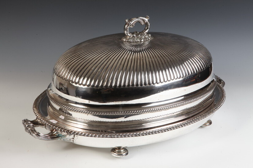 SILVER-ON-COPPER GEORGE III DOMED PLATTER COVER OVER OVAL WELL-AND-TREE PLATTER...