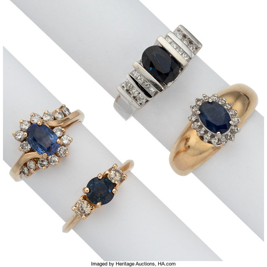 Sapphire, Diamond, Gold Rings The lot includes four rings...