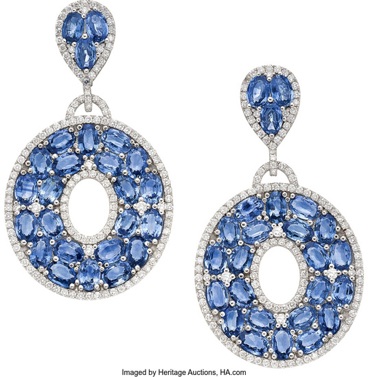 Sapphire, Diamond, White Gold Earrings Stones: Oval-shaped sapphires weighing...