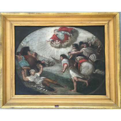 Scuola del secolo XVIII "Conversione di San Paolo" olio su tela (cm 41x50). In cornice (difetti e restauri)