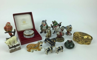 Selection of enamel trinket boxes including Limoges, Wind in the Willows characters and other animals