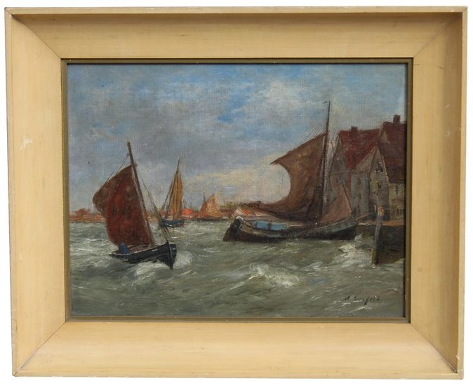 Signed, 19th C. Harbor Scene Painting