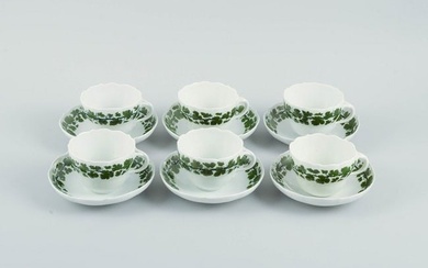 Six Meissen Green Ivy Vine Leaf coffee cups with saucers in hand painted porcelain.