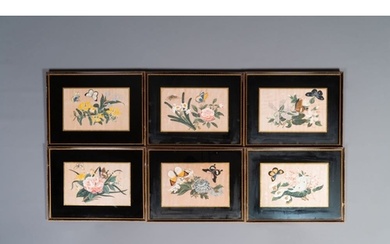 Six framed Chinese rice paper paintings with flowers and but...