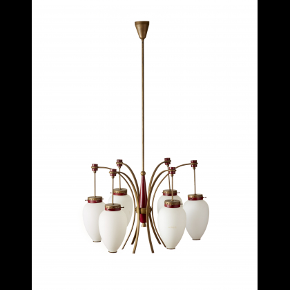 * Six lights suspension lamp with acidato glass lampshades on the outer surface, brass and burgundy painted metal structure. Italy,...