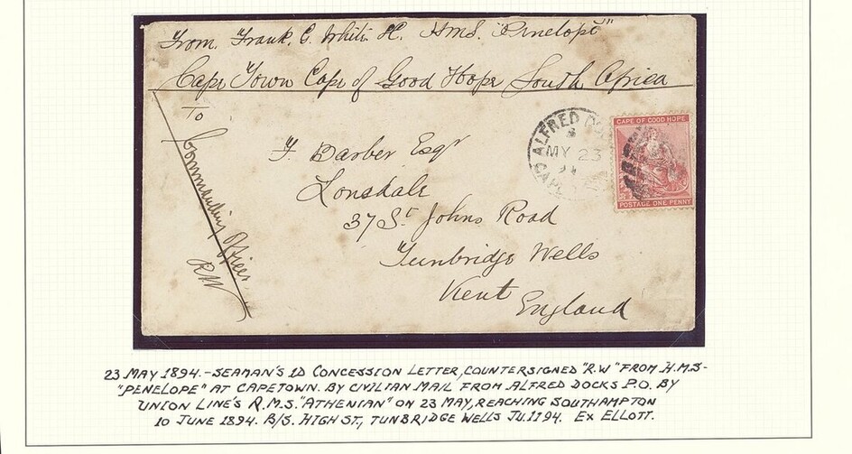 South African Maritime Mail from 1677 The "Joachim" Collection Royal Mail Steamers 1894 (23 May...