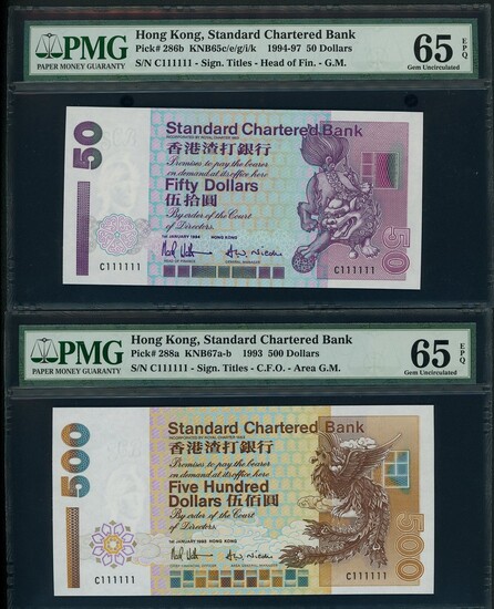 Standard Chartered Bank, $50, $500 and $1000, 1994 and 1993, with identical solid serial number...
