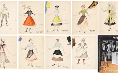 Stanislao Lepri (1905-1980) Maquettes de costumes (i à xii) et de décor (xiii) pour ''Le Bal des blanchisseuses''