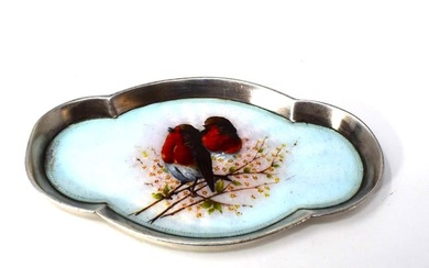 Sterling silver & guilloche enamel Robin miniature tray