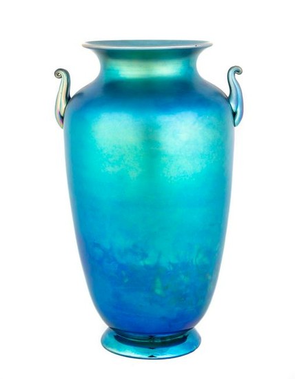 Steuben Blue Aurene Handled Vase