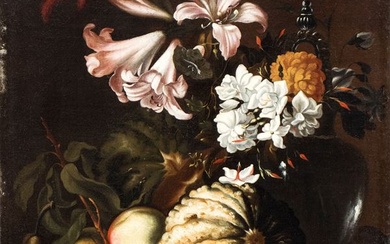 Still life with pumpkin, peaches and carnations, hyacinths and lilies in a pitcher, Abraham Brueghel (Anversa, 1631 - Napoli, 1697)
